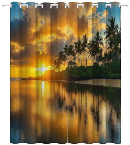 Blickdichte Vorhänge Bunt– Verdunkelungsvorhänge Mit Küste Sonnenuntergang Strand H215 X B110 cm (2Er Pack) Für Schlafzimmer, Wohnzimmer, Büro, Schiebevorhänge, Maschinenwaschbar