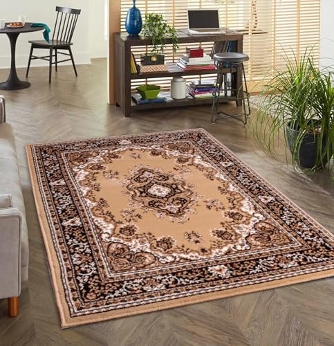 Lord of Rugs Lancashire Traditioneller Teppich für Wohnzimmer, Schlafzimmer, Flur, Lounge, klassischer Teppich, Blumenmuster, Medaillon, orientalischer Teppich, Berberbeige, Größe M, 120 x 160 cm
