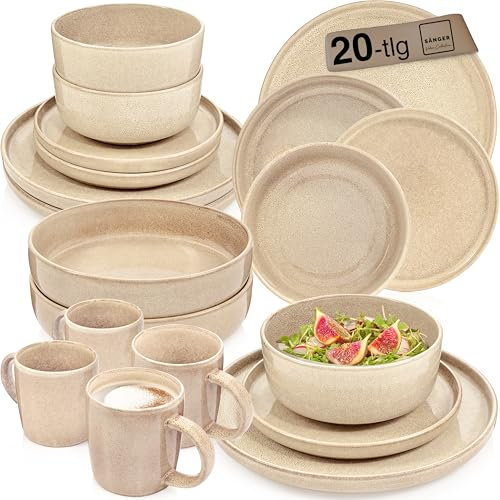 SÄNGER Kairo Mocha | Kombiservice 4 Personen, Teller Set Kaffeebecher Pastaschale 20 tlg, Steingut Geschirr Set spülmaschinen- mikrowellen- kratzfest, Geschirrset aus Steingut | VALUE COLLECTION