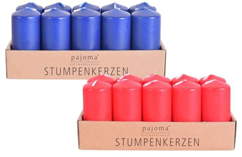 pajoma® Stumpenkerzen 20 Stück, Blau - Rot | Ø 4 x 9 cm | Brenndauer: ca. 9 Stunden | Hochwertiges Paraffin & Baumwolldocht | ideal für Gastronomie, Hotels, Kirchen & Feierlichkeiten