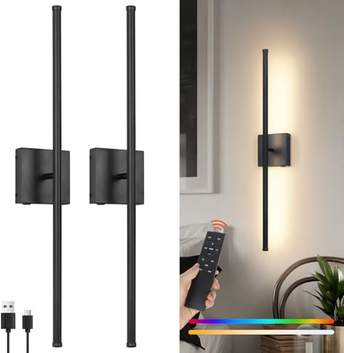 EIDEARAY Battery Operated Wall Lights,USB Rechargeable LED Wall Lamp with Remote Control, Black Dimmable RGB 70CM Touch Battery Modern Wall Sconce for Living Room Bedroom (2 Pack)