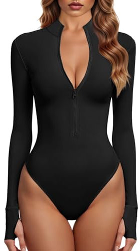 GJY Bodys Für Damen Ein Stück Zip Front Langarm Oberteile Jumpsuits,Schwarz