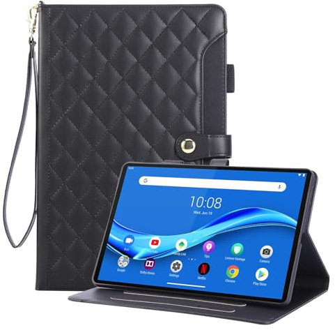 Rosbtib Custodia per Lenovo Tab M10 FHD Plus 2020/Tab K10 Modello TB-X606F/X606X/X6C6F 10.3, Custodia in pelle PU ricamata a scacchi con cinturino, supporto e pulsante magnetico, Nero
