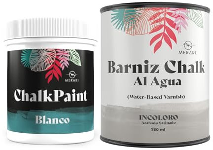 Meraki CHALK PAINT Pintura efecto tiza al agua mate (500ML) (BLANCO + BARNIZ SATINADO)