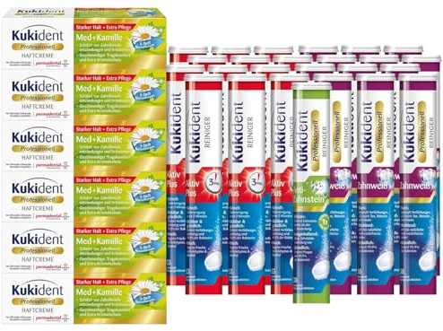 Kukident Set: Anti-Zahnstein 1x30, Zahnweiß 12x30, Aktiv Plus 12x33 Tabs, Haftcreme Med + Kamille 6x40g – Rundum-Pflege für Prothesen mit Reinigung und Kamillen-Haftcreme