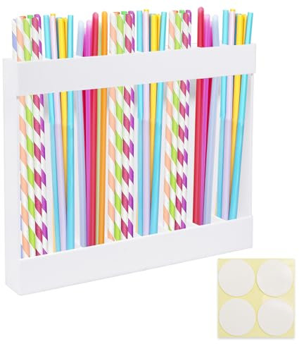 Dmnnlp Acrylic Straw Holder Dispenser with Double Sided Adhesive Tape, Wall Mounted Reusable Straw Holder Storage for Cabinet Counter Bar Pub Coffee Shop Kitchen (White)