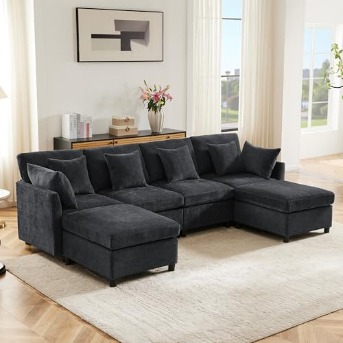 Merax Ecksofa (L/U-Form) Modulares 4-Sitzer Sofa mit umwandelbarem Fußhocker, Chenille-Stoff, Premium Komfort, Raumsparend & Wandelbar, Grau