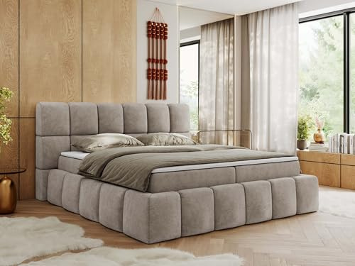 MKS MEBLE Boxspringbett 180x200 cm mit Bettkasten, Bett mit Matratze H3, Boxspringbett mit Topper T25 - NIRA - Beige Strukture - H3