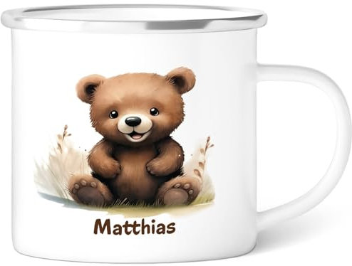 GRAVURZEILE Emaille Tasse für Kinder - Tiere Bär - Personalisiert mit Namen - versch. Tiermotive zur Auswahl - 300 ml - Trinkbecher für Kinder - Geschenk für Jungen & Mädchen