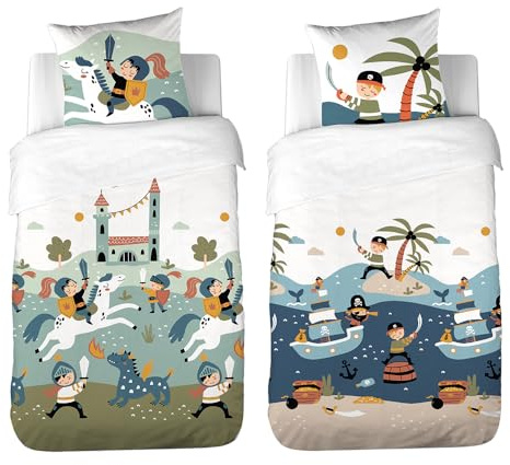 CÔTE Deco Wendebettwäsche 140 x 200 cm für Kinder – Bettbezug Bi-Geschichte: Piraten und Ritter + 1 Kissenbezug 63 x 63 cm – Motiv In Guard aus Mikrofaser – 2-teiliges Set