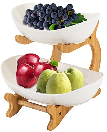 LIAIZE 2 Tier Ceramic Fruit Basket, Fruit Bowl with Bamboo Stand, Oval Set Tiered Serving Bowls 24cm