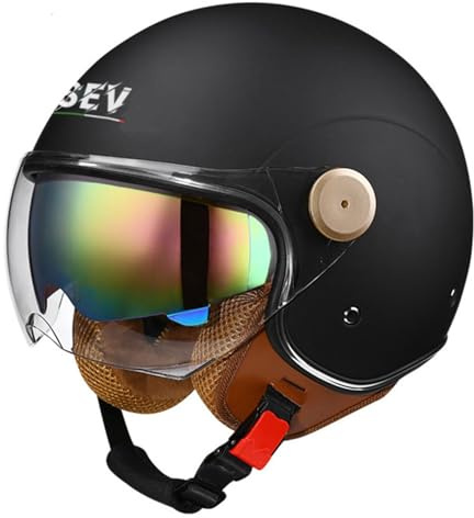Jethelm Motorradhelm Scooter Halbschalenhelm Motorrad Roller Halbhelm Mit Doppel Visier Brain Cap Offenem Helm ECEDOT Zulassung Halbschale Für Erwachsener Herren Damen 34,L:59-60CM