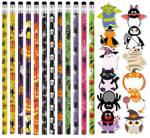 Huahuanghui 24 Stück Halloween Bleistift Set,12 Halloween Stifte Mit Radiergummi + 12 Halloween Haftnotizen,Halloween Mitgebsel Set,Halloween Geschenk für Schulbüro Familie Partytüte Füller