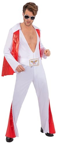 Smiffys Elvis Presley White Jumpsuit Costume for Adults, Officially Licensed 1970s Rock 'n' Roll Outfit with Cape, King of Rock Elvis Fancy Dress for Men, 70s Music Icon Jumpsuit