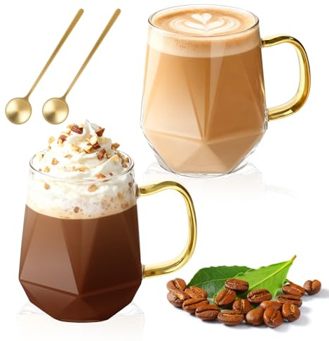 LOOFORE Glass Coffee Mugs 350ml 12oz with Handle and Spoon, Set of 2 | Glass Coffee Cup, Bpa Free, High Borosilicate, Withstand -20℃ to 150℃, for Cappuccino Latte Macchiato Espresso Tea Milk Juice