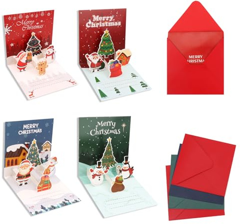 KIUEZIR 3D Pop up Weihnachtskarte mit Umschlag Set, Klappkarten mit Weihnachtsumschläge, Einzigartig Grußkarten für Familie, Freunde, Nachbarn Geldgeschenke Weihnachten, 4 Stk. mit 4 Designs
