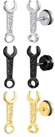 INFINIONLY Kreative Ohrringe Herren Edelstahl Piercing Ohrstecker Fashion Schraubenschlüsselform Ohrringe mit Schrauben für Teenager, Silber/Schwarz/Gold