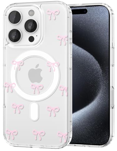 TVVTPU Magnetisch Hülle für iPhone 15 Pro Max Kompatibel mit MagSafe, Aesthetic Schleifen Muster Handyhülle Nie Vergilbung Dünne Transparent Hard PC Rückseite Stoßfester Kratzfest Case, Rosa