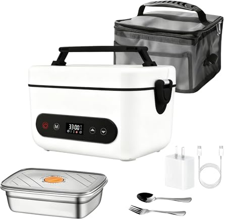 1,2 l beheizter Futternapf, wiederaufladbar, elektrisch, schnelles Aufheizen, Lunchbox mit Geschirr aus Edelstahl und Kühltasche, für Arbeit/Auto/Baustelle/Powerbank (weiß)