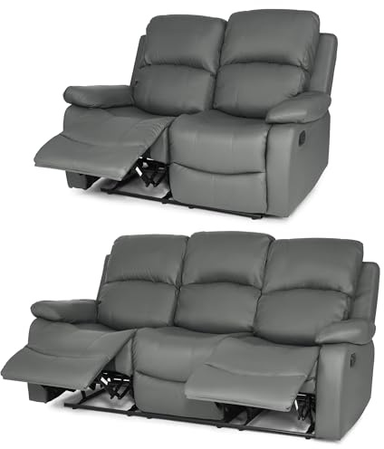 Bravich Luxury Grey Bonded Leather Manual Recliner Sofa - Living Room Furniture, Lounge Chair Sofa Set for Ultimate Comfort & Elegance. 2+3 Seater Sofa for Home.