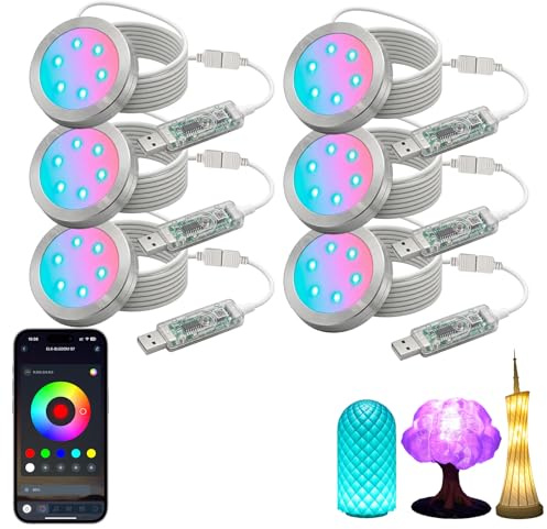 6 Stück RGB LED Lamp Kit 001 für Bambu Lab 3D-Druck, Bluetooth-App-Steuerung, USB LED Rundleuchte, DIY Lampen-Bausatz, Gruppensteuerung, Musiksynchronisation, 16 Millionen Farben