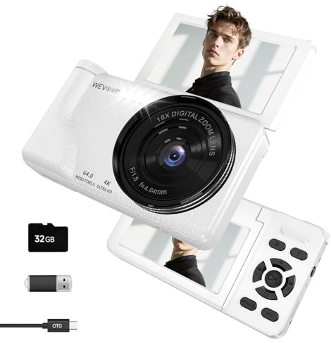 Macchina Fotografica Digitale 4K 64MP, Wevoor Fotocamera Digitale Compatta 32GB con Flip 180° da 3, Zoom Digitale 18x, Batteria da 2000 mAh, Digital Camera Per Principianti Adolescen Bambini - Bianco