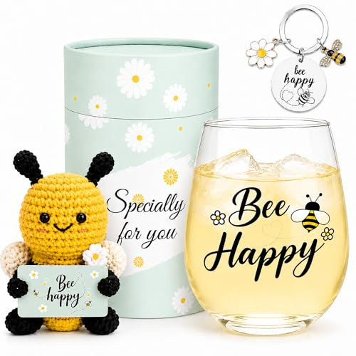 Sektasu Bee Gifts for Women, Bee Happy Gift Set with Glass Cup, Crochet Bees Plush, Keyring & Daisy Gift Tube Box, Bees Lover Gifts for Mum, Friend, Teacher, Birthday, Thank You, Christmas Gift