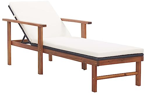 ZQQLVOO Poly Rattan Sonnenliege mit Auflage aus Akazienholz, Wetterbeständige PE-Geflecht Gartenliege für Terrasse und Poolbereich, Stabile Outdoor-Lounge zum Entspannen, Einfacher