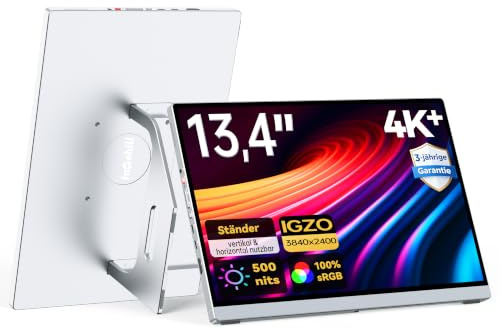Intehill 4K Tragbarer Monitor 13,4 Zoll Portable Monitor IGZO Panel, HDR, 500 nits, sRGB 100%, 16:10, Ultraleicht & Tragbar, Aluminiumgehäuse nur 680g, VESA, Dual USB-C,HDMI for Laptop - U13ZC