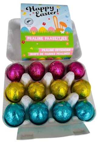 OYOY | 12 Gefüllte Ostereier Milchschokolade in Mini Eierbox 142g | Haselnuss Praline & Knusper Cerealien | Oster Schokolade Geschenkbox | Kleine Ostergeschenke