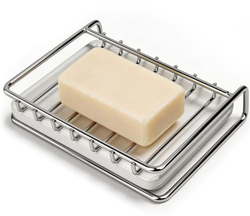 Soap Holder, 304 Stainless Steel Soap Dish with Ceramics Drip Tray for the Bathroom, Easy Cleaning Sponge Holder for the Shower, Kitchen, and Sink