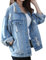 Yasong Women Girls Loose Fit Long Sleeve Vintage Denim Light Wash Faded Ripped Boyfriend Jean Jacket 01 Light blue UK 6