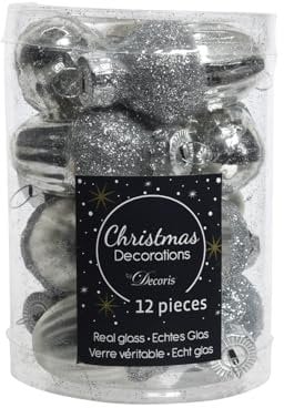 Christmas Decorations ZEUS 12 Weihnachtskugeln Glas Eichel Silber // 12 Eicheln aus Glas Color Silber