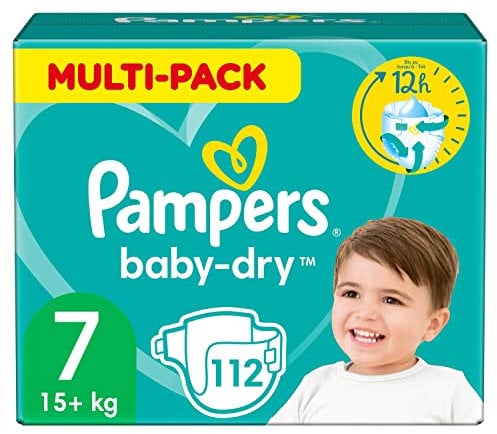 Pampers Windeln Größe 7 (15+kg) Baby Dry, MONATSBOX, Bis Zu 12 Stunden Rundum-Auslaufschutz, 112 Stück