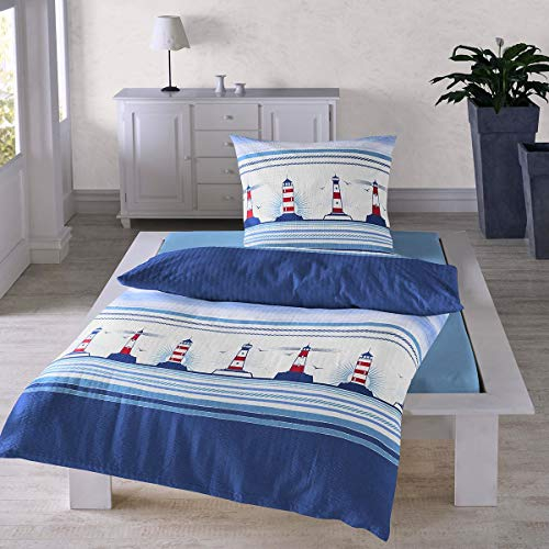 Traumschlaf Seersucker Bettwäsche • Sommer Bettwäsche Set aus 100 % Baumwolle • Maritimes Leuchtturm-Motiv • Bügelfrei & Atmungsaktiv • Mit Reißverschluss • Hautfreundlich & Pflegeleicht •