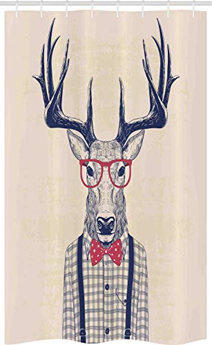 ABAKUHAUS Hipster Schmaler Duschvorhang, Humorvoll Deer mit Jazz-Bogen, Badezimmer Deko Set aus Stoff mit Haken, 120 x 180 cm, Indigo Dunkel Coral