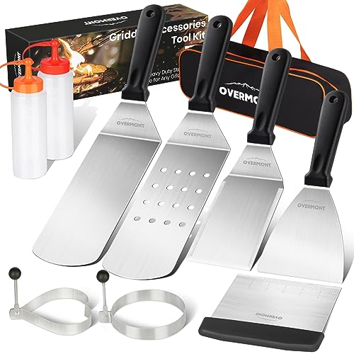 Overmont Spatule pour Barbecue 9 Pièces Ensemble d'Accessoires pour Plaque Chauffante BBQ Spatule Ustensiles Set en Acier Inoxydable pour Extérieur et Intérieur