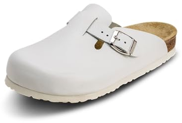 VITAFORM® Clogs Leder für Damen und Herren, Hausschuhe mit ultradämpfendem Fußbett, Sohle aus Naturkork, Arbeitsschuhe für Pflegeberufe, atmungsaktiv, Weiß Größe 43