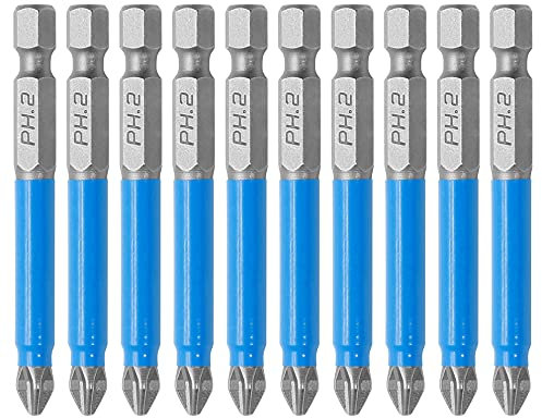 Cjueiom 10Pcs Magnetic PH2 Screwdriver Bits Set, Anti Slip Phillips Screwdriver Bits, Cross Head Electric Screwdriver Bits with 1/4 Hex Shank (PH2 x 65MM)