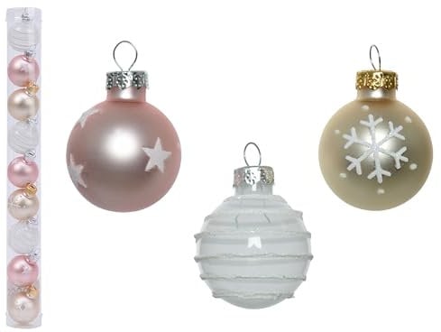 Decoris Bolas de Navidad de cristal, 3 cm x 9 unidades, estrellas, copos de nieve, rayas, purpurina, patrón rosa, mezcla