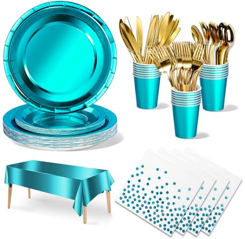 141Stück Schwarzesgold Partygeschirr,Partyzubehör Pappteller Set,Wiederverwendbar Papier Geschirr Set einschließlich Tischdecke Teller Becher Servietten zum Geburtstag,Hochzeiten,Jubiläums(20 Gäste)