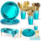 Nkaiso Vajilla de fiesta,141piezas Azul dorados Reutilizable set de juego de platos y cubiertos, cubertería de cartón, vasos y servilletas, para cumpleaños, bodas, aniversarios - 20 invitados