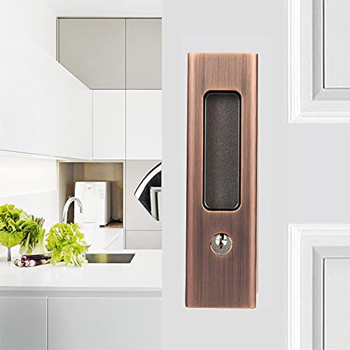 Hoconnie Pocket Door Handle with Key Sliding Door Lock Keyed Pocket Door Lock Invisible Recessed Door Handle 160mm Red Copper