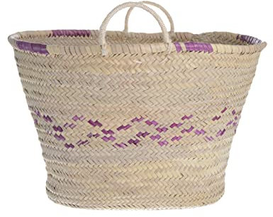 Afrikan Bags - Bolso Capazo de Palma | Bolso de Palma de Base Oval con Mini Asa de Cuerda Toques Color Rosa - 64 x 34 x 36 cm