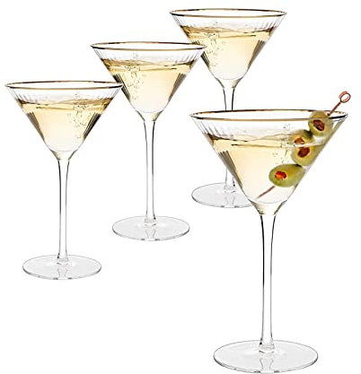 Goldrand-Gläser, 200 ml, Set mit 4 klassischen Manhattan-Gläsern mit goldfarbenem Rand, für Martini, Cocktails, Champagner, Kristall mit Stielen, Coupe – The Wine Savant (Martini)