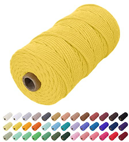Uiopa Makramee Garn 2mm x 200m, Baumwollkordel Farbig Baumwollgarn Geflochten Baumwollseil, Natürliche Baumwollschnur für Wandbehang, Vorhang, Traumfänger, Hängepflanze, Deko (Gelb)