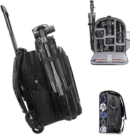 Cwatcun Kamerarucksack Camera Backpack Professioneller für spiegellose DSLR/SLR-Kamera, wasserdicht, Kameratasche kompatibel für Sony Canon Nikon Kamera- und Objektivstativ-Zubehör (5.0 Schwarz, L)