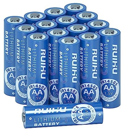 RUIHU Batterie AA, confezione da 16 batterie al litio ferro doppia A, 1,5 V, 3000 mAh, batterie AA al litio AA a lunga durata per fotocamera Blink, sostituzione della batteria Blink non ricaricabili