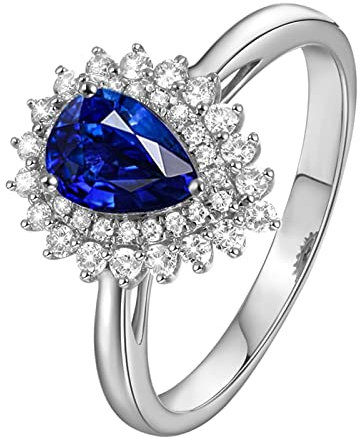 Eheringe Frauen, Ringe Damen Elegant 18 Karat (750) Weißgold mit 0,55ct Blau Tropfenschliff Saphir Größe 53 (16,9)