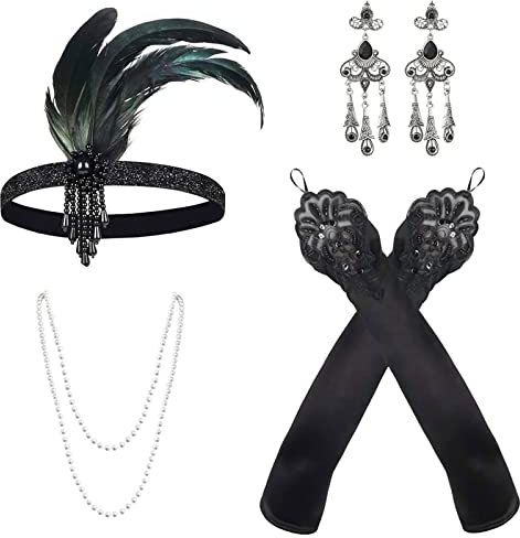 MIVAIUN 4 Stück 1920 Zubehör Set Vintage Kostüm Accessoires Gatsby Haarband Flapper Stirnband Perlenkette Ohrringe Lange Handschuhe Flapper Accessoires Great Gatsby Zubehör für Frauen (4 Stück)
